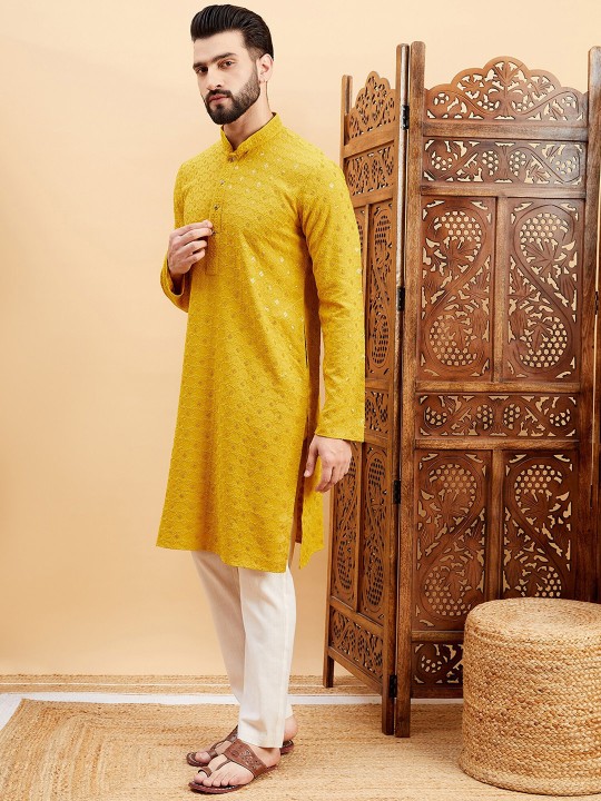 Mustard Ethnic Motifs Embroidered Flared Sleeves Thread Work A-Line Kurta - Image 4