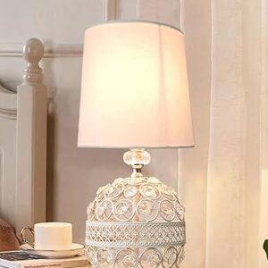 Modern Small Crystal Table Lamp,Contemporary Bedroom Bedside Nightstand Lamp,Morden Minimalist, Desk Globe Lamp for Living Room Girls Kids Room, White Fabric Shade (White)