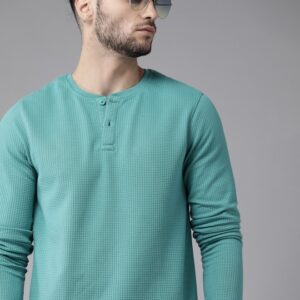 Men Sea Green Waffle Texture Henley Neck T-shirt