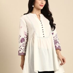 Floral Printed Pure Cotton Pleated Detail Longline A-Line Top