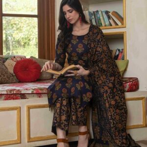 Women Blue Floral Pure Cotton Kurta with Trousers & With Dupatta