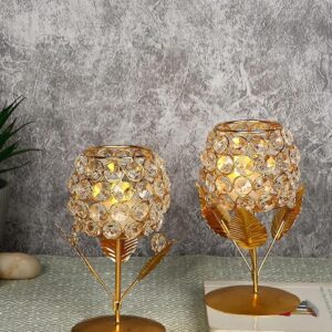 Collectible India Gold Plated Crystal Candle Holder Tea Light Stand Votive- Decorative Tealight Holders for Home Office Living Room Indoor Garden Dining Centerpiece Decoration (1 Box)