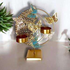 COZY nose - Metal Art Piece for Home Decor | Golden Butterflies with Candle Holder | Home Decor Items for Living Room Show Piece | Table Artifact for Decoration (Round Metallic)