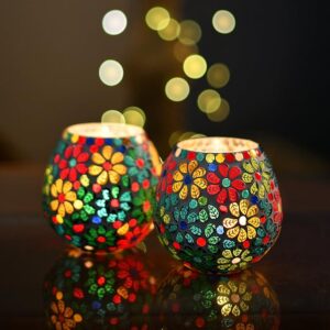 Homesake Tealight Candle Holders for Home Decor, Mosaic Glass, Flowers Diwali Decoration Items, Diwali Gift Items, Diwali Decoration Items for Home Decor | Pack of 2