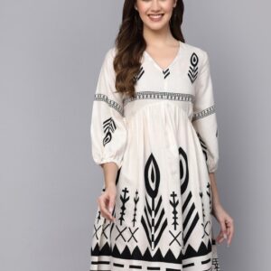 Cream-Coloured & Black Bohemian Print Puff Sleeves Fit & Flare Dress