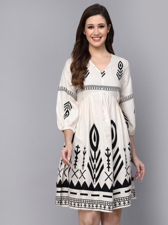 Cream-Coloured & Black Bohemian Print Puff Sleeves Fit & Flare Dress