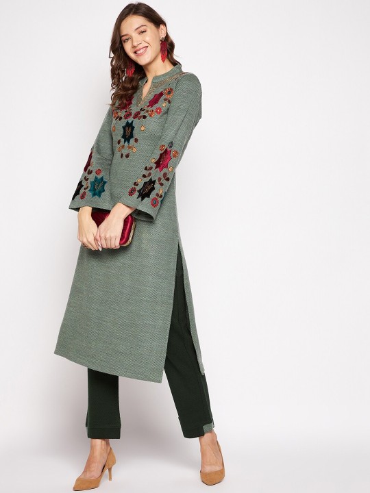 Winter Wear Women Grey Floral Embroidered Thread Work Kurta with Trousers - Image 10