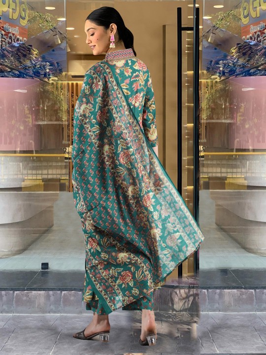 Women Floral Printed V-Neck Anarkali Kurta with Palazzos & With Dupatta - Image 3