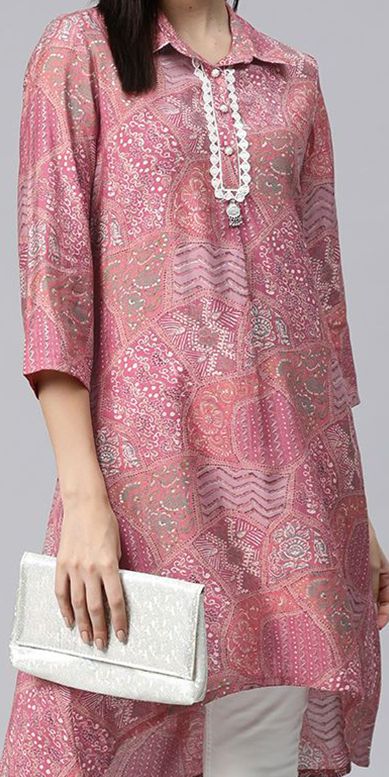 Ethnic Motifs Printed Shirt Collar Lace Insert A-Line Kurta - Image 2