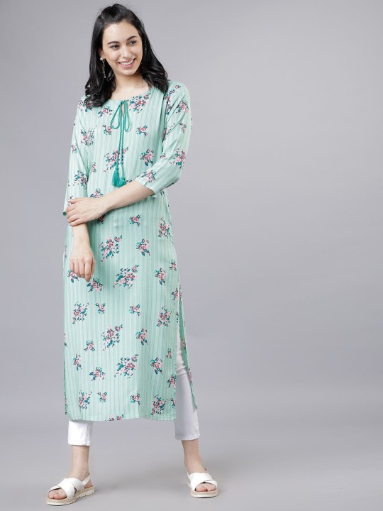 Green Floral Printed Tie-Up Neck Straight Kurta - Image 5