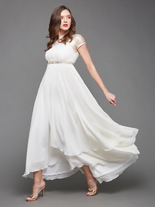 Women Embellished Layered Keyhole Neck Georgette Maxi Dress - Image 2