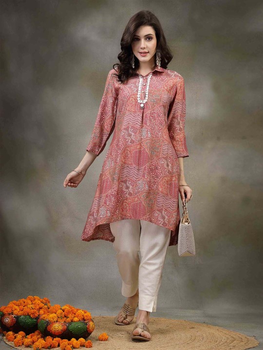 Ethnic Motifs Printed Shirt Collar Lace Insert A-Line Kurta - Image 4