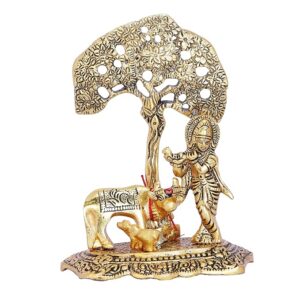 KridayKraft Prince Home Decor & Gifts Metal Krishna With Cow Standing Under Tree Plying Flute (Gold, 12.5X8X16Cm), 1 Piece, figures;Religious