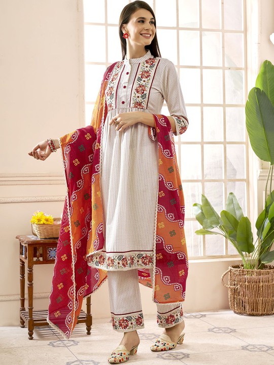 Women Floral Embroidered Pleated Thread Work Kurta with Trousers & With Dupatta - Image 7