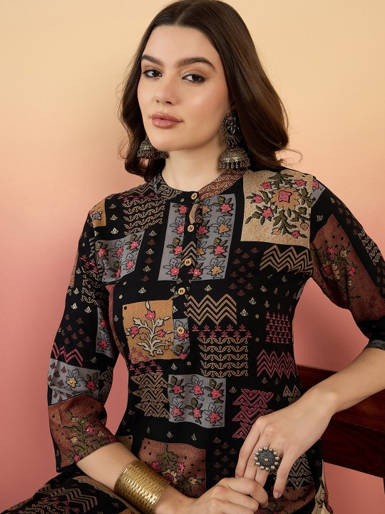 Ethnic Motifs Printed Beads And Stones Mandarin Collar A-Line Kurta - Image 4