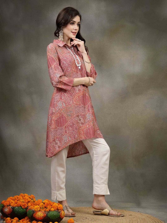 Ethnic Motifs Printed Shirt Collar Lace Insert A-Line Kurta - Image 5