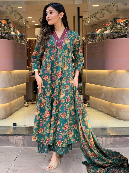 Women Floral Printed V-Neck Anarkali Kurta with Palazzos & With Dupatta - Image 2