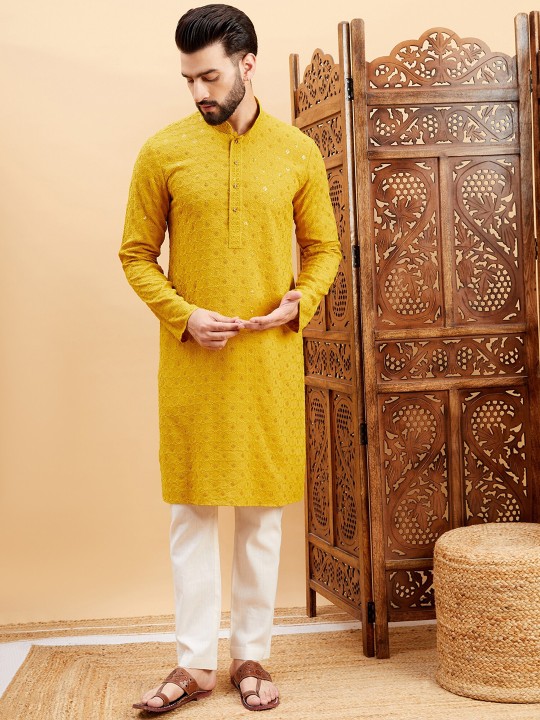 Mustard Ethnic Motifs Embroidered Flared Sleeves Thread Work A-Line Kurta - Image 6
