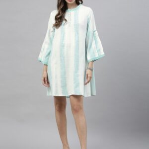 Women White & Blue Striped Lace Detailing A-Line Dress