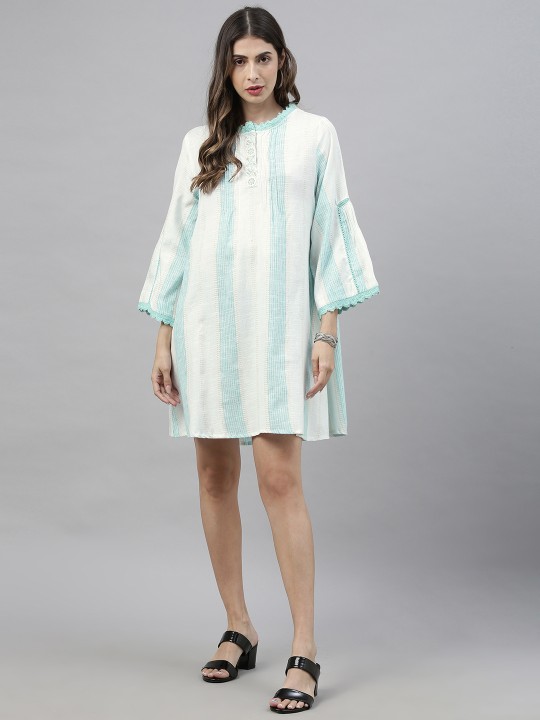 Women White & Blue Striped Lace Detailing A-Line Dress