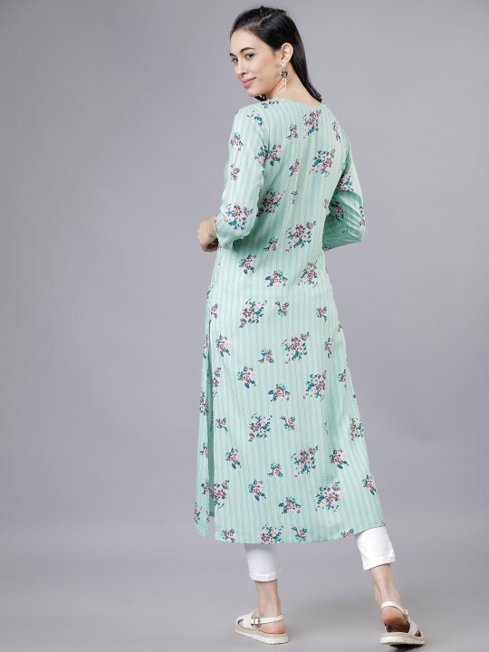 Green Floral Printed Tie-Up Neck Straight Kurta - Image 4
