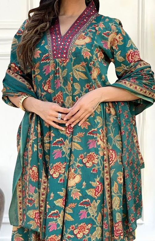 Women Floral Printed V-Neck Anarkali Kurta with Palazzos & With Dupatta - Image 4
