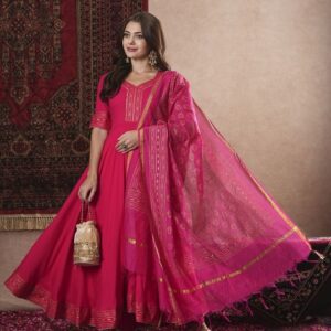 Embroidered V-Neck Mirror work Kaftan With Trousers