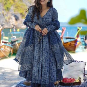 Bandhani Printed V-Neck Angrakha Pure Cotton Kurta With Palazzos And Dupatta