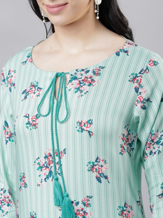 Green Floral Printed Tie-Up Neck Straight Kurta - Image 2