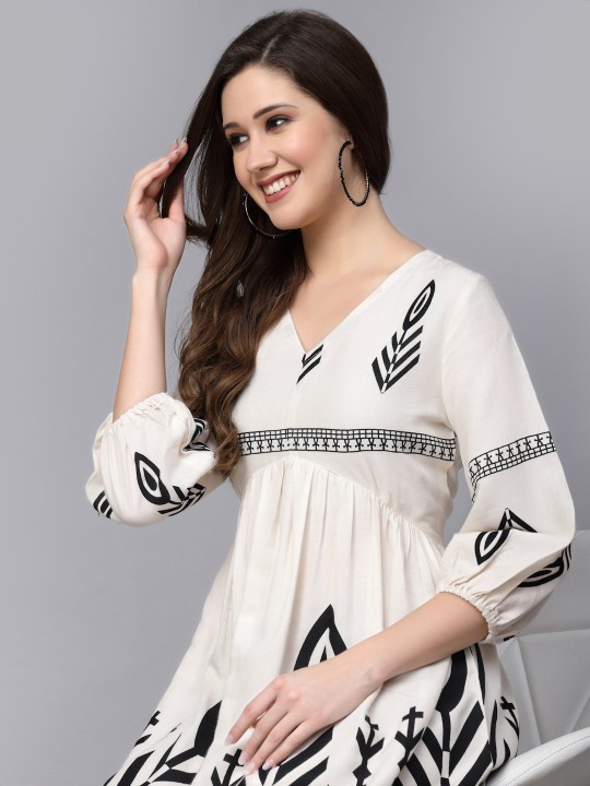 Cream-Coloured & Black Bohemian Print Puff Sleeves Fit & Flare Dress - Image 8