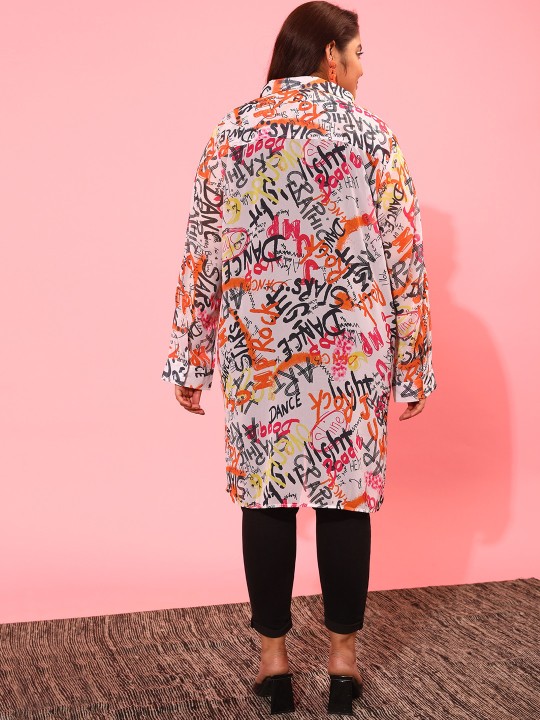 Plus Size Typography Printed Boxy Sheer Casual Shirt - Image 6