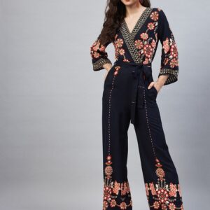 Women Navy Blue & Red Floral Printed Basic Jumpsuit