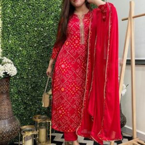 Bandhani Printed Round Neck Straight Kurta With Trousers & Dupatta