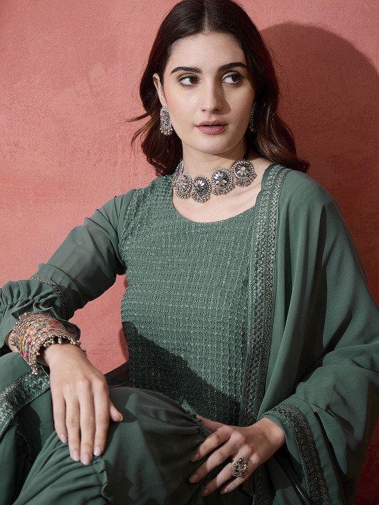 Teal Embroidered Sequinned Straight Kurta With Sharara & Dupatta - Image 6