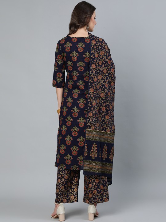 Women Blue Floral Pure Cotton Kurta with Trousers & With Dupatta - Image 2