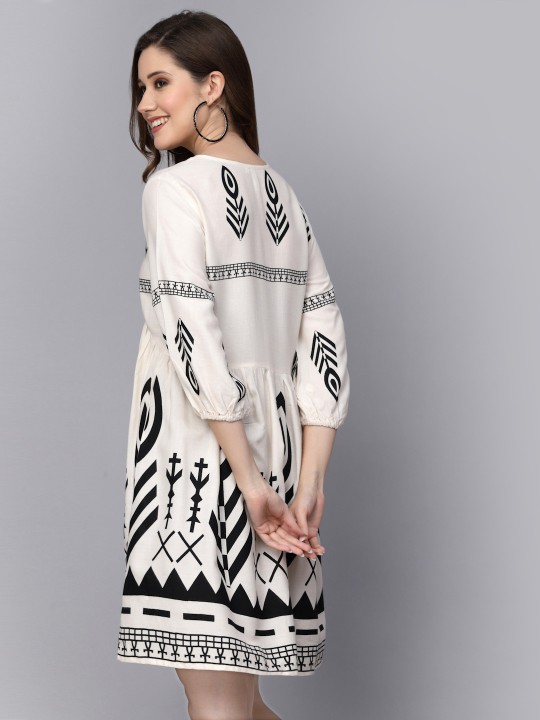 Cream-Coloured & Black Bohemian Print Puff Sleeves Fit & Flare Dress - Image 9