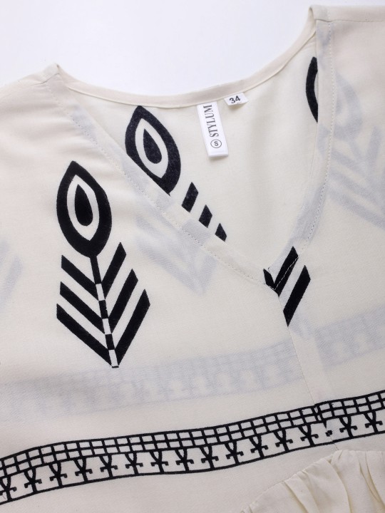 Cream-Coloured & Black Bohemian Print Puff Sleeves Fit & Flare Dress - Image 5