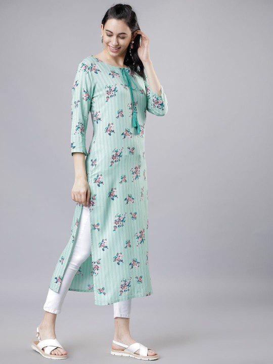 Green Floral Printed Tie-Up Neck Straight Kurta - Image 3