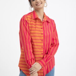 Pink Striped Extended Sleeves Cotton Shirt Style Top