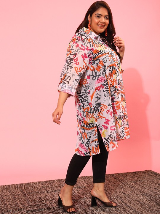 Plus Size Typography Printed Boxy Sheer Casual Shirt - Image 7