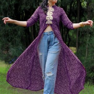 Bandhani Printed Mandarin Collar Sequins Front Slit Georgette A-Line Kurta