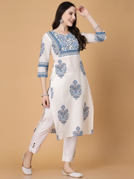 Floral Printed Notch Neck Pure Cotton Straight Kurta - Image 4
