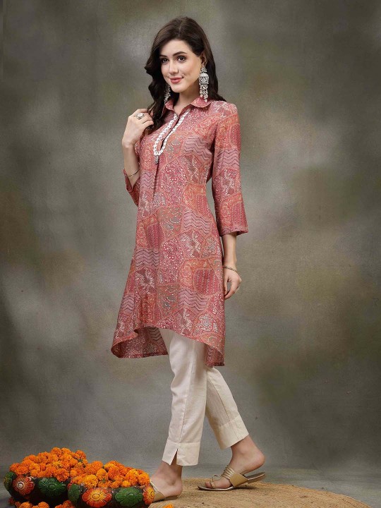 Ethnic Motifs Printed Shirt Collar Lace Insert A-Line Kurta - Image 9