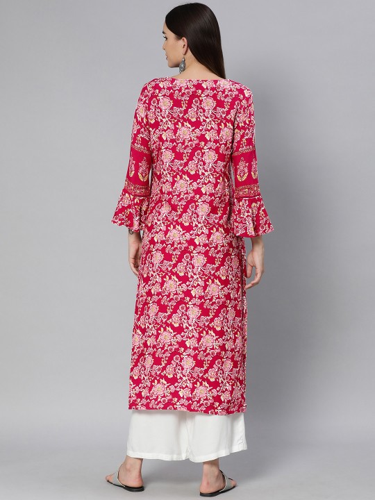 Women Red & Pink Ethnic Motifs Printed Bell Sleeves Kurta - Image 4