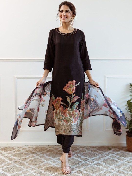 Women Ethnic Motifs Printed Regular Thread Work Pure Cotton Kurta with Trousers & With Dupatta