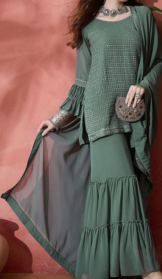 Teal Embroidered Sequinned Straight Kurta With Sharara & Dupatta - Image 7