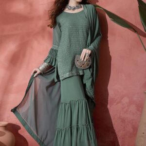 Teal Embroidered Sequinned Straight Kurta With Sharara & Dupatta