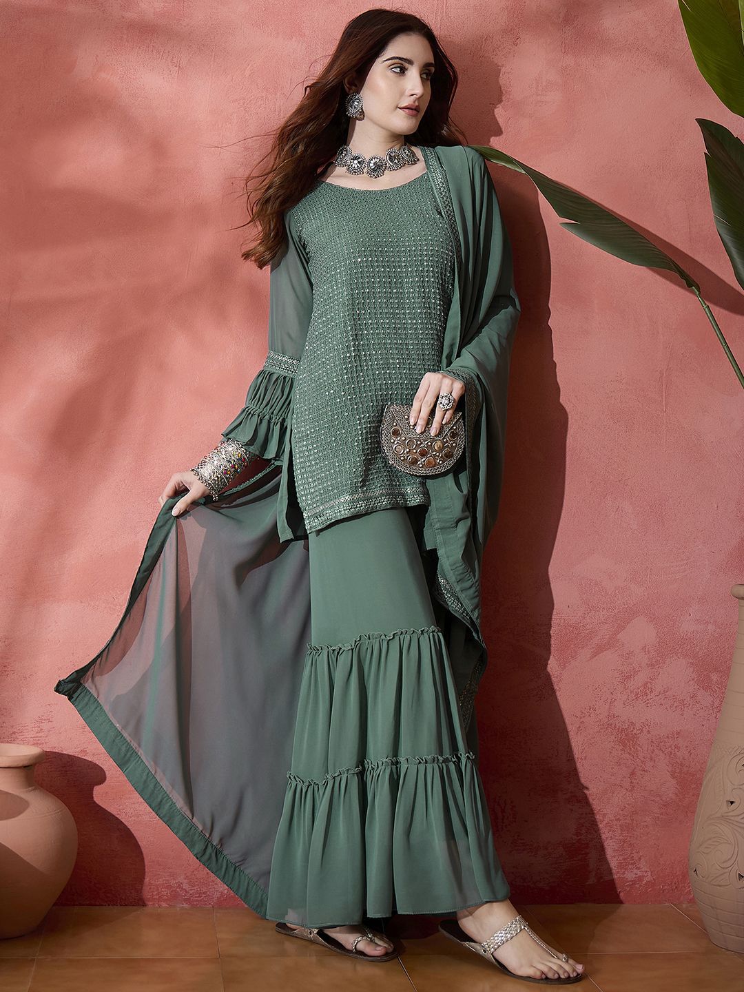 Teal Embroidered Sequinned Straight Kurta With Sharara & Dupatta - Image 9