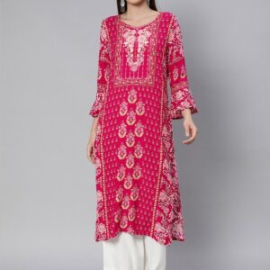 Women Red & Pink Ethnic Motifs Printed Bell Sleeves Kurta