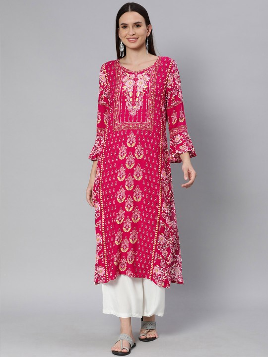 Women Red & Pink Ethnic Motifs Printed Bell Sleeves Kurta